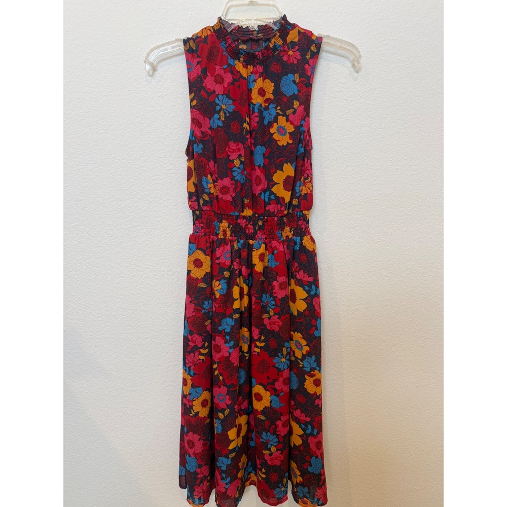 ModCloth Red Floral Mock Neck Smocked Waist Midi Dress with Pockets XXS